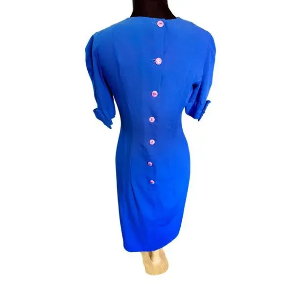 Vintage 70’s ILGWU Neiman Marcus Royal Blue Bow Sleeve Sheath Dress Small Medium - Picture 2 of 8